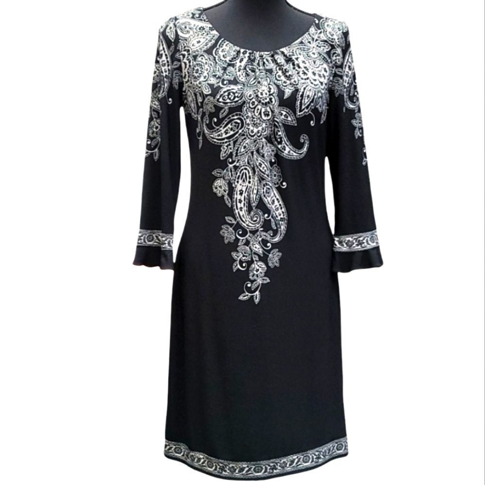 Maggy L Black Stretch Dress w/ White Floral Design